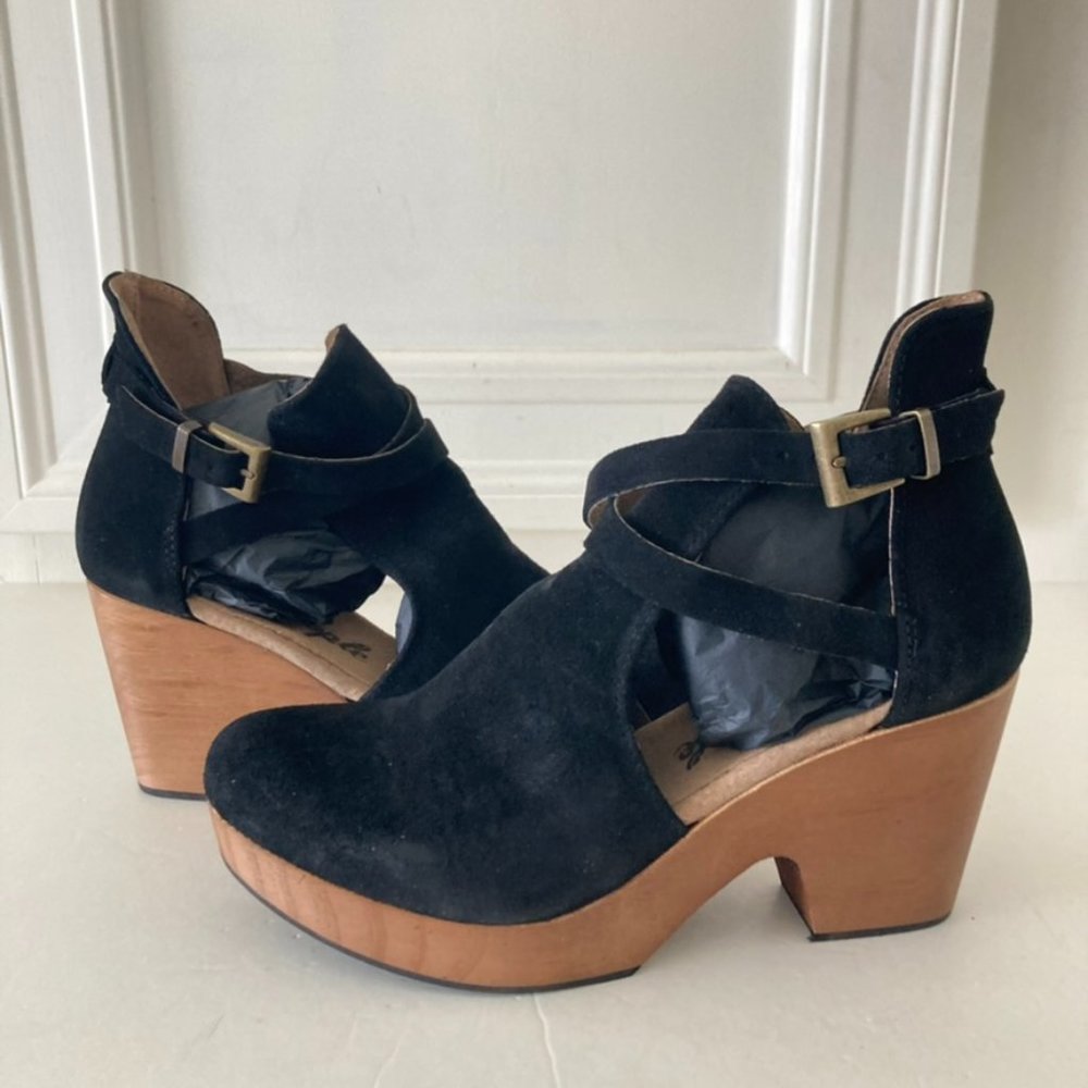 Free People Black Suede Mules with Wooden Heel